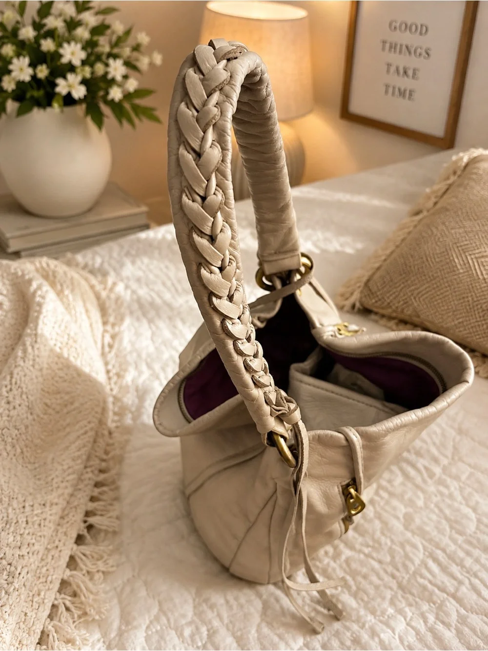 Soft Leather Hobo Bag in Light Taupe